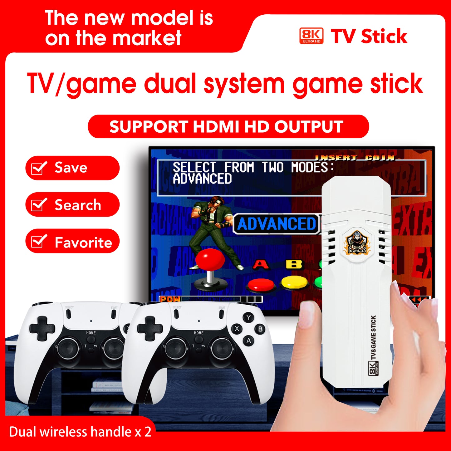 Game TV Stick Wireless Retro Game Console,Android/Game Dual System Game Stick,Plug & Play Video TV Game Box Within 40000+ Games Built-in, 8K HDMI Android TV Box, 64G, 2*Wireless Controllers