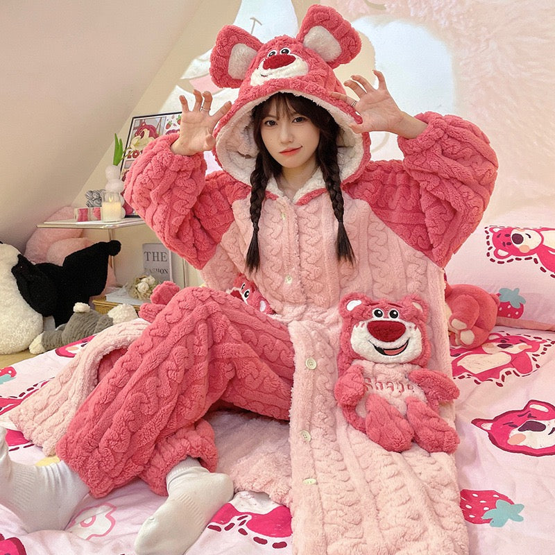 Warm Pajamas Long Sleepwear with Cute Pattern Pocket Pajamas