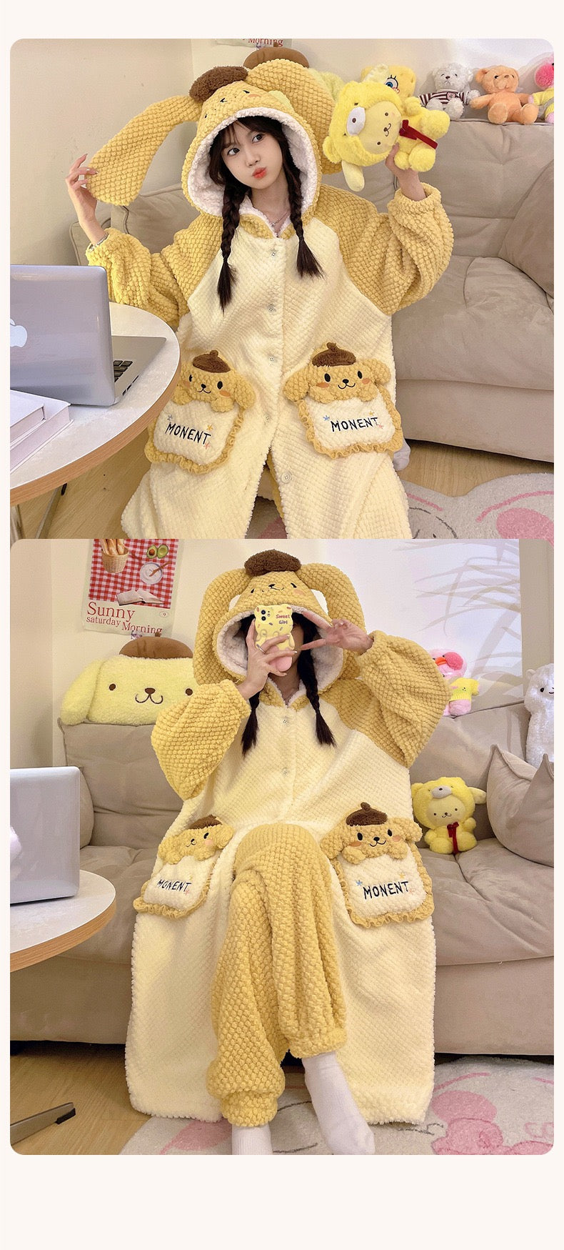 Warm Pajamas Long Sleepwear with Cute Pattern Pocket Pajamas