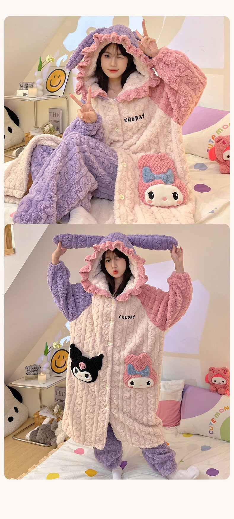 Warm Pajamas Long Sleepwear with Cute Pattern Pocket Pajamas